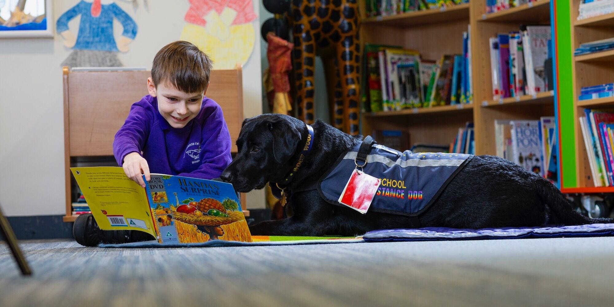 This is an image of a pupil in the library with the school pet